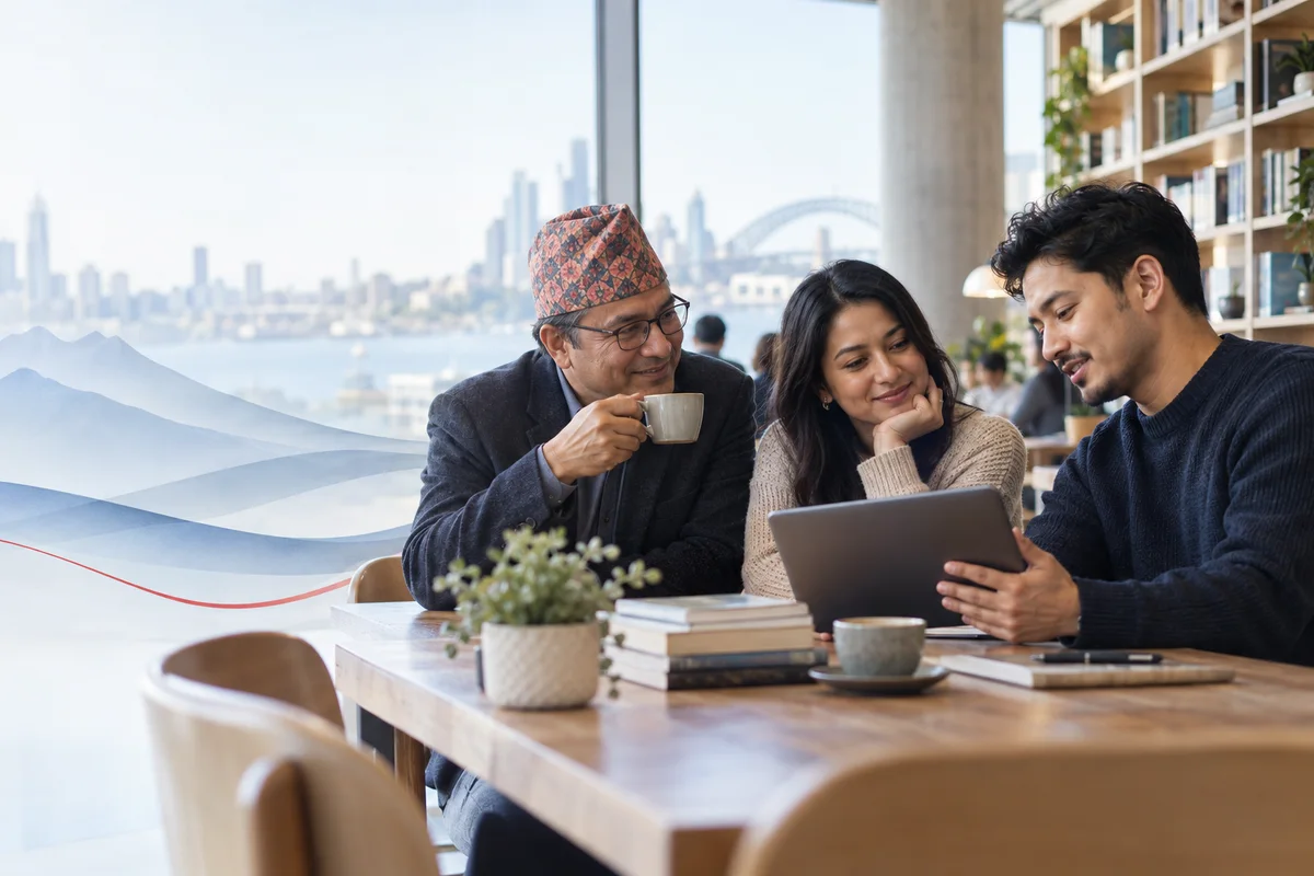 Illustration of Nepalese friends sharing a conversation in Sydney
