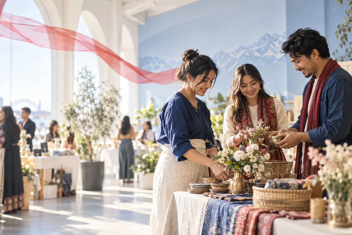 Illustration of Nepalese shoppers meeting a local craft business
