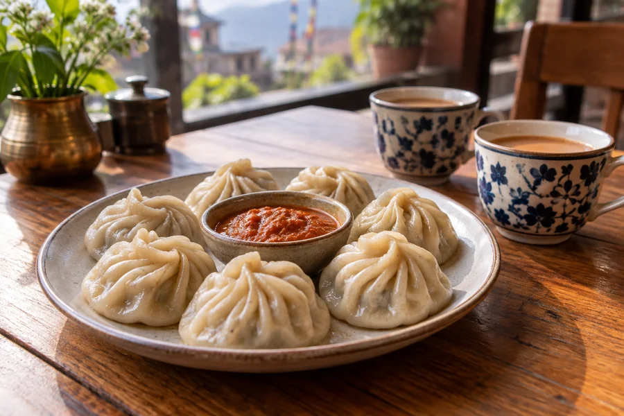 Momo and tea shared around a table